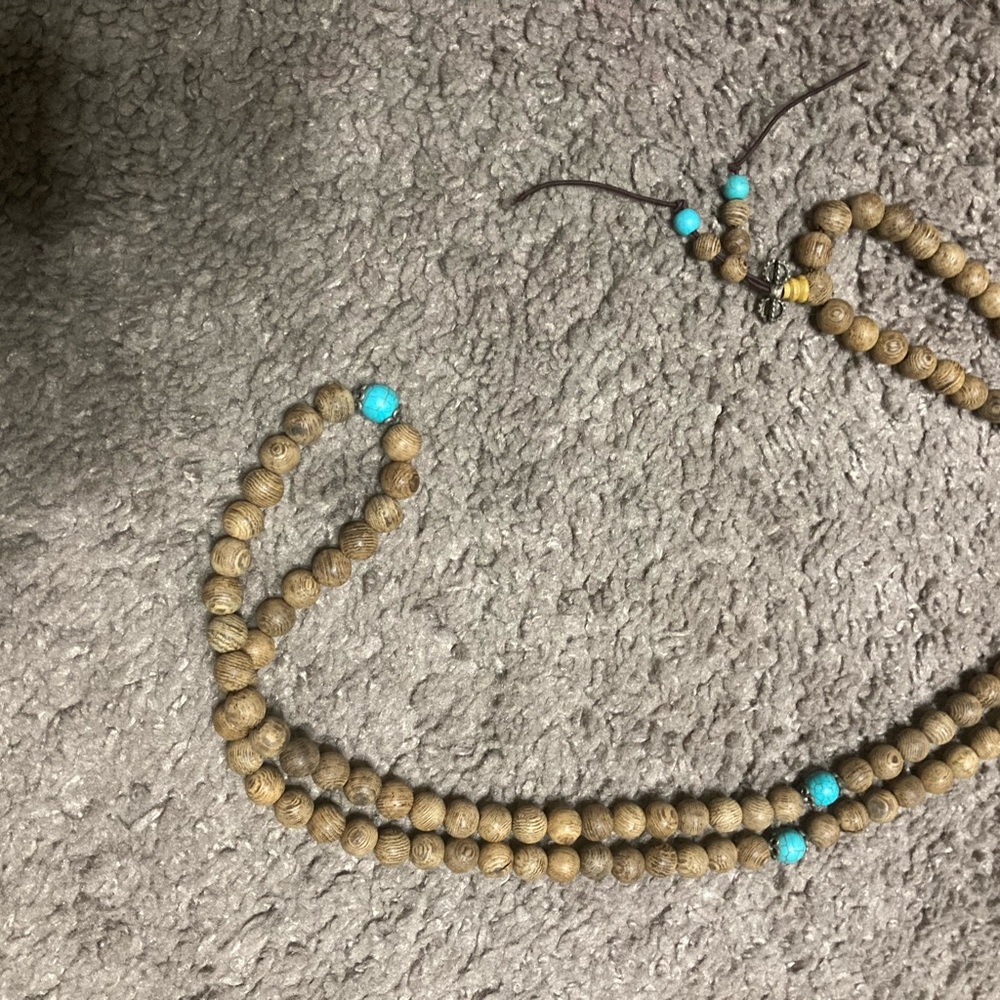 Wooden Turquoise / brown Beaded Necklace 18 In Statement Bohemian Retro Vintage